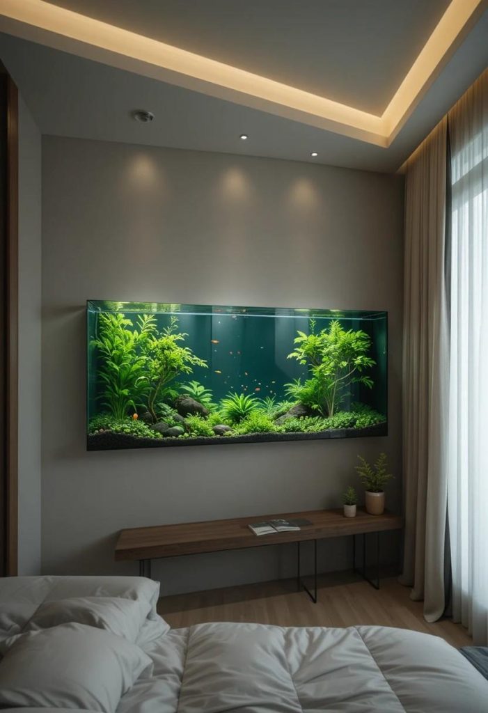Long horizontal planted aquarium mounted on a bedroom wall like a piece of living art