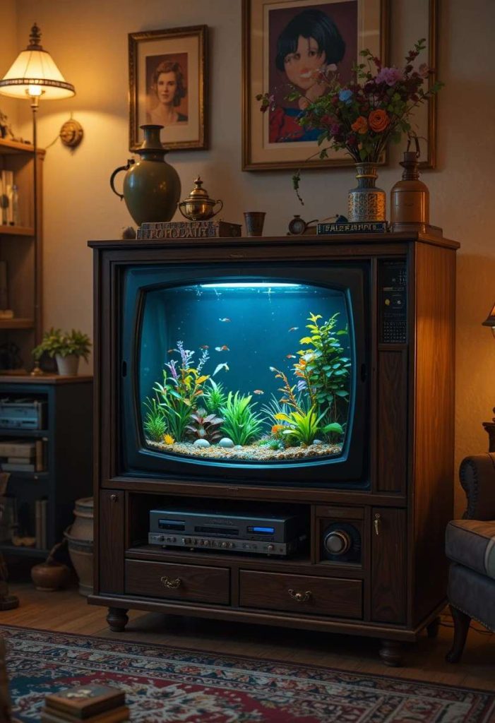 Vintage wooden cabinet TV converted into a small planted aquarium with glowing fish inside