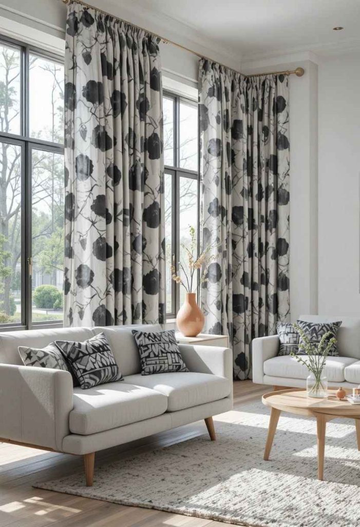 Bold black and white geometric print curtains in a modern living room with minimalist furniture and terracotta accents