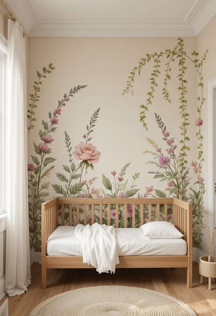 Vintage botanical illustration wallpaper feature wall in a charming kids room with natural wood bed and white bedding