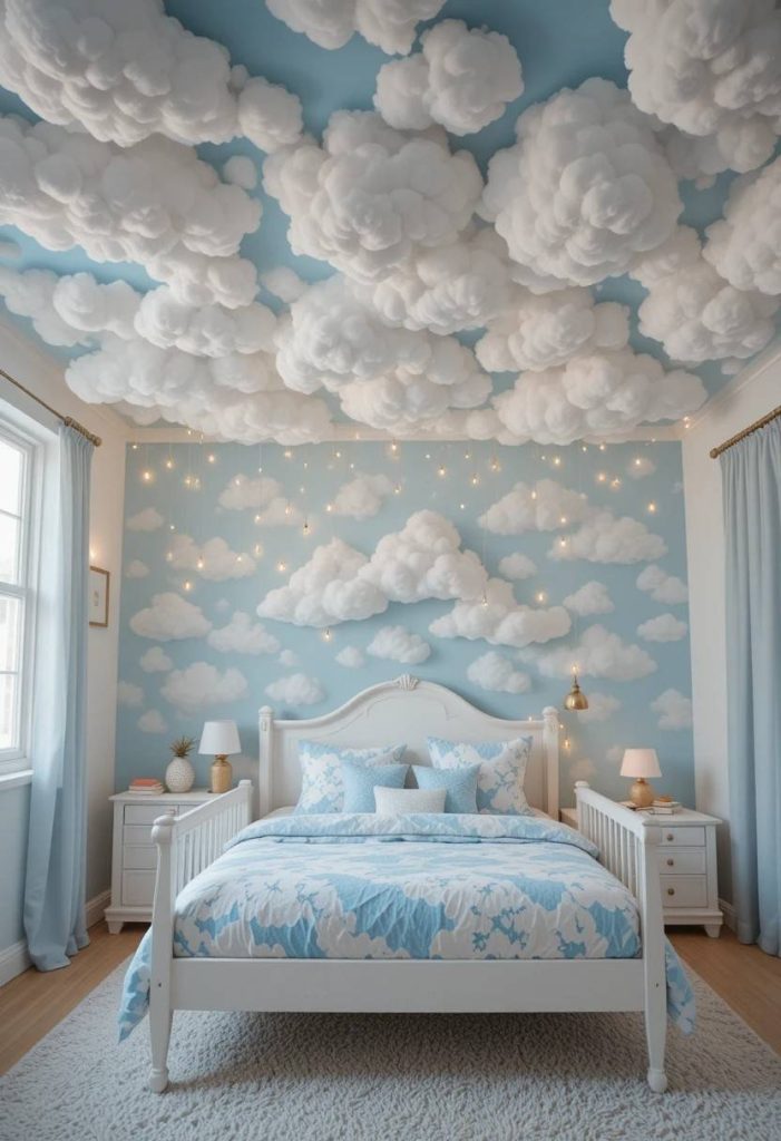 DIY cloud ceiling with 3D fiberfill clouds on sky blue ceiling and fairy lights in a magical whimsical kids bedroom