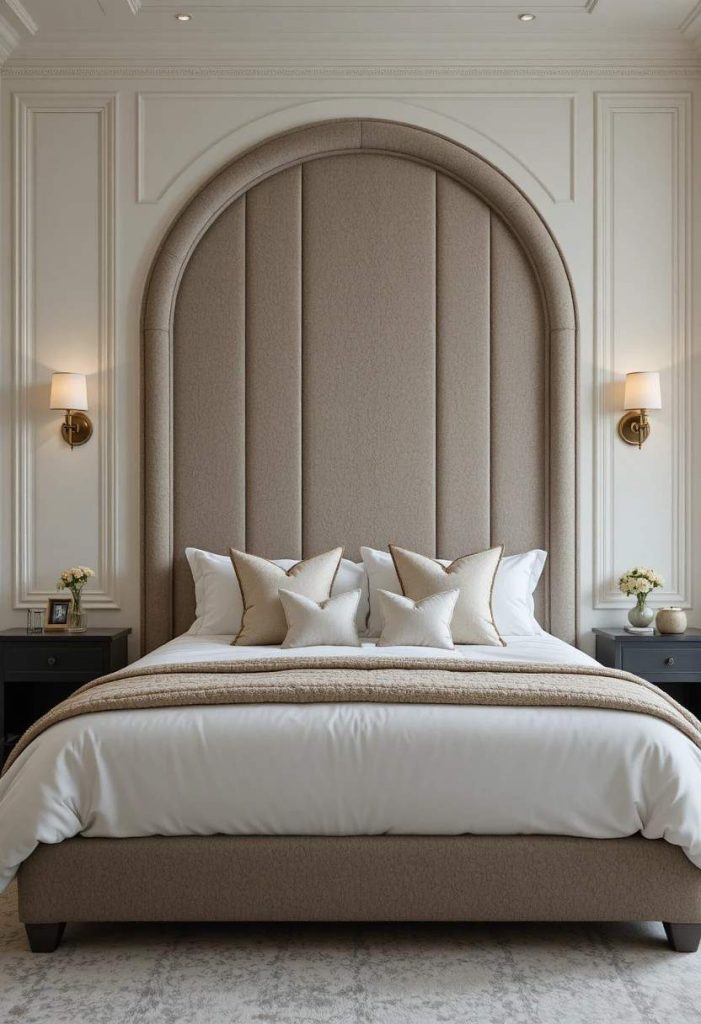 Tall arched taupe boucle headboard anchoring a luxurious neutral bedroom