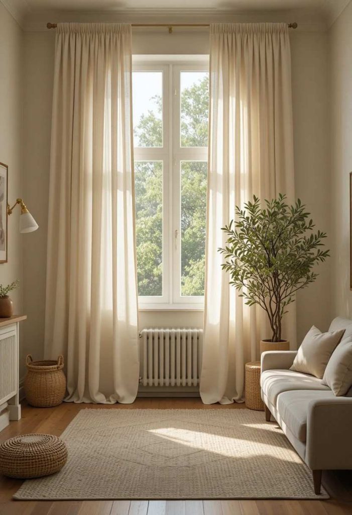 Floor-to-ceiling cream curtains hung high to make small living room window appear taller and grander.
