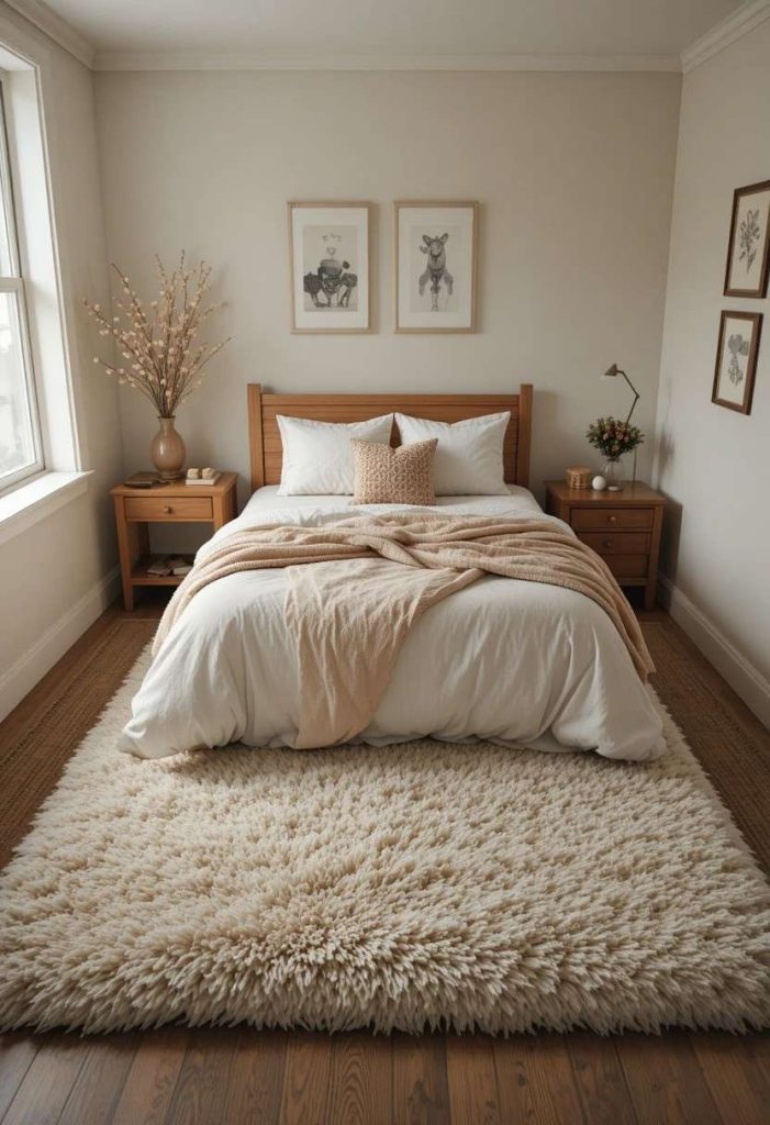 Plush cream shag area rug layered over jute under bed in cozy small college bedroom