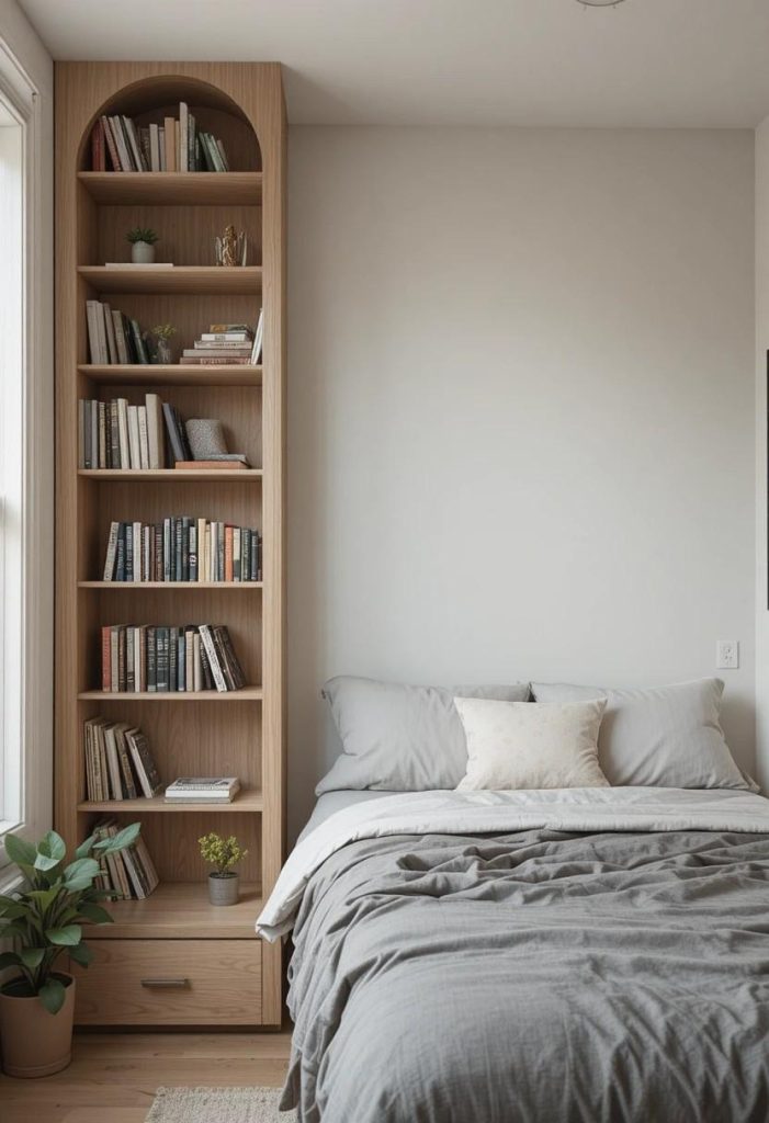 Open bookshelf dividing zones in small college apartment bedroom