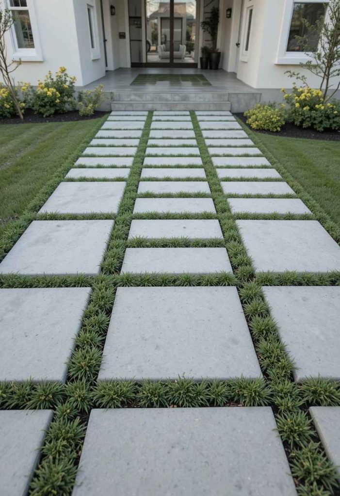 Concrete paver grid walkway with creeping thyme between stones in a minimalist front yard