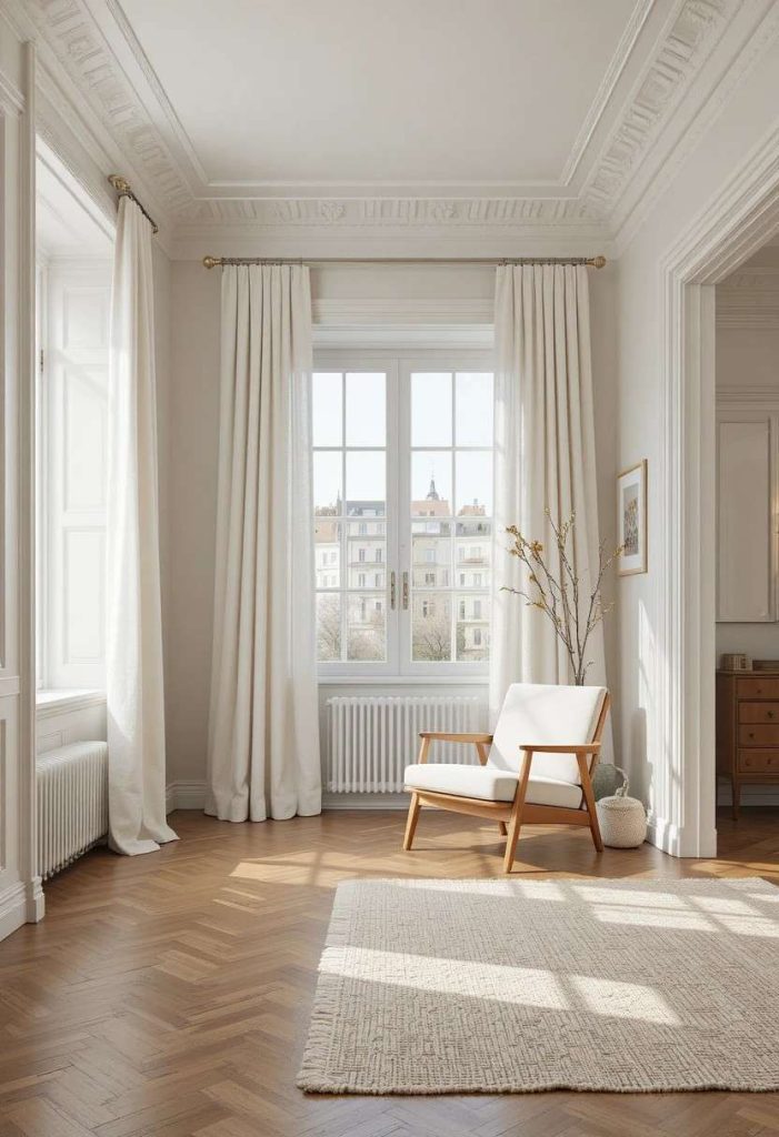 Scandinavian living room with warm white walls and matching trim creating a seamless minimalist look.