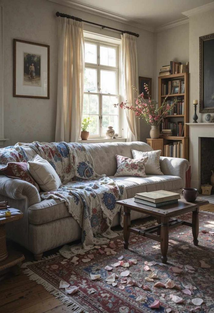 Lived-in whimsical living room with a tousled quilt, leaning books, and dried petals on the rug in warm ligh