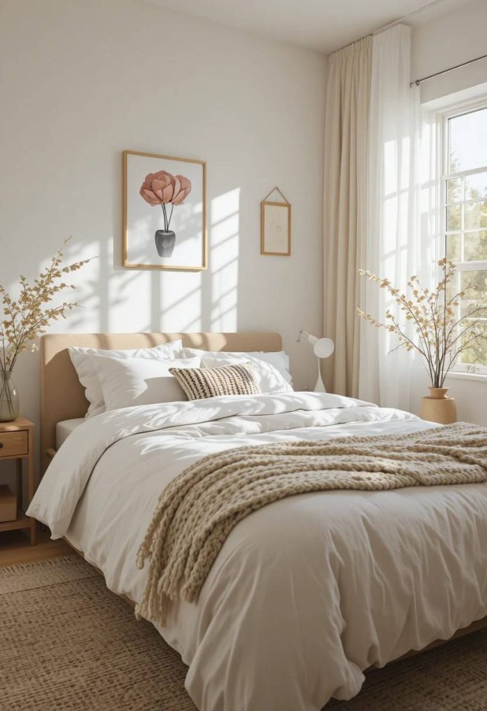Perfectly made bed with layered budget bedding in aesthetic college bedroom
