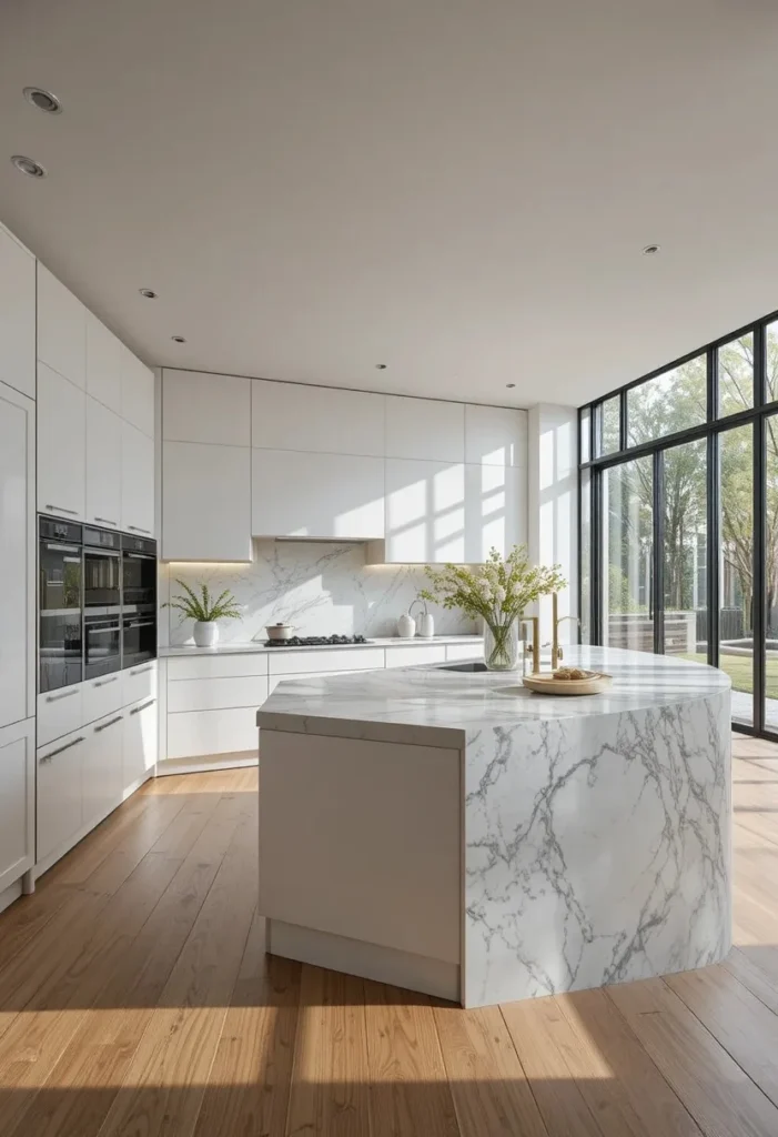 Bright white U shaped kitchen with marble waterfall island and warm wooden flooring.