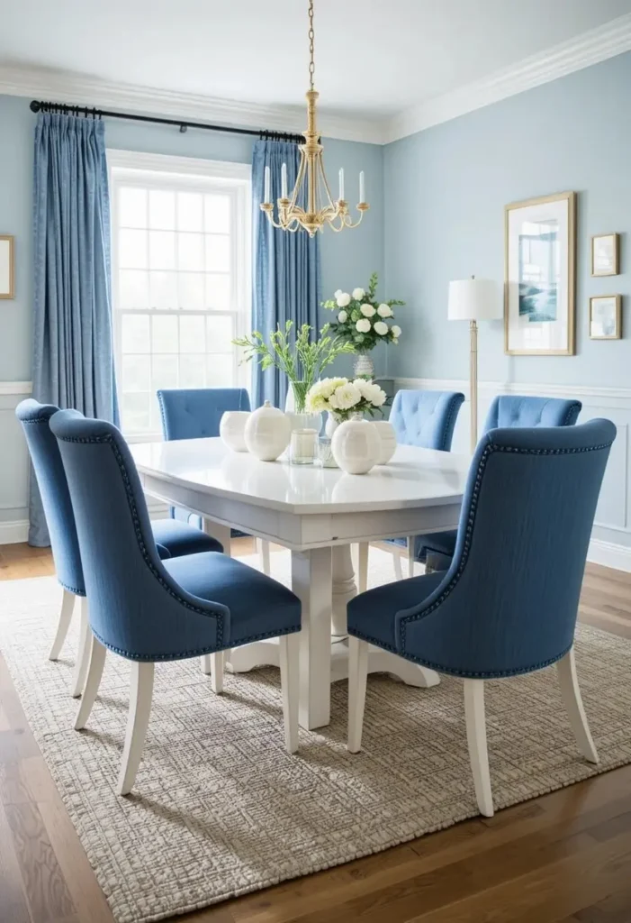 Blue and white dining room with clean and fresh balanced design
