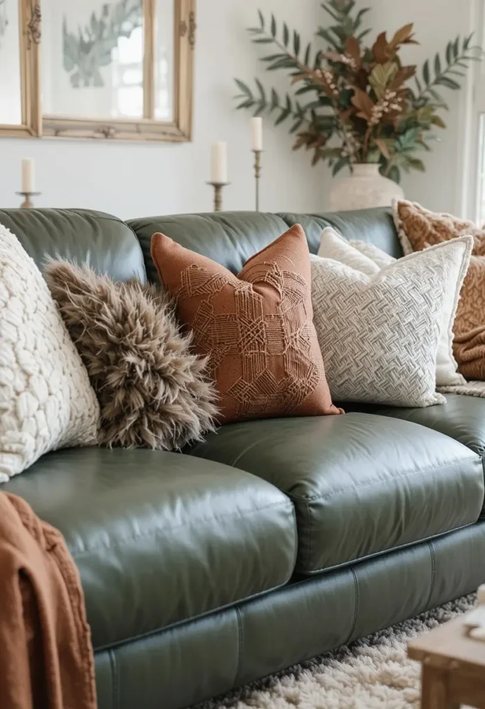 Green leather couch with cozy pillows and blankets