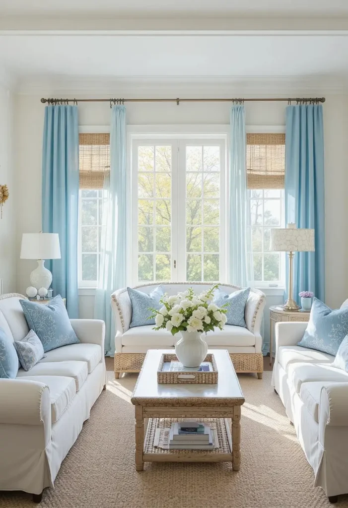 Light blue curtains in a fresh coastal-style living room.