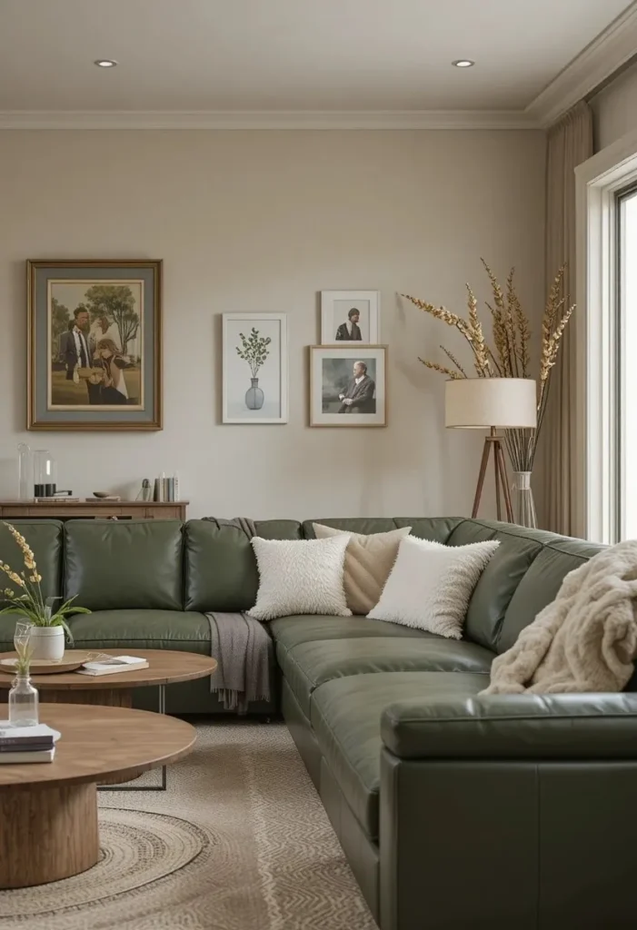 Warm and relaxed green leather couch living room