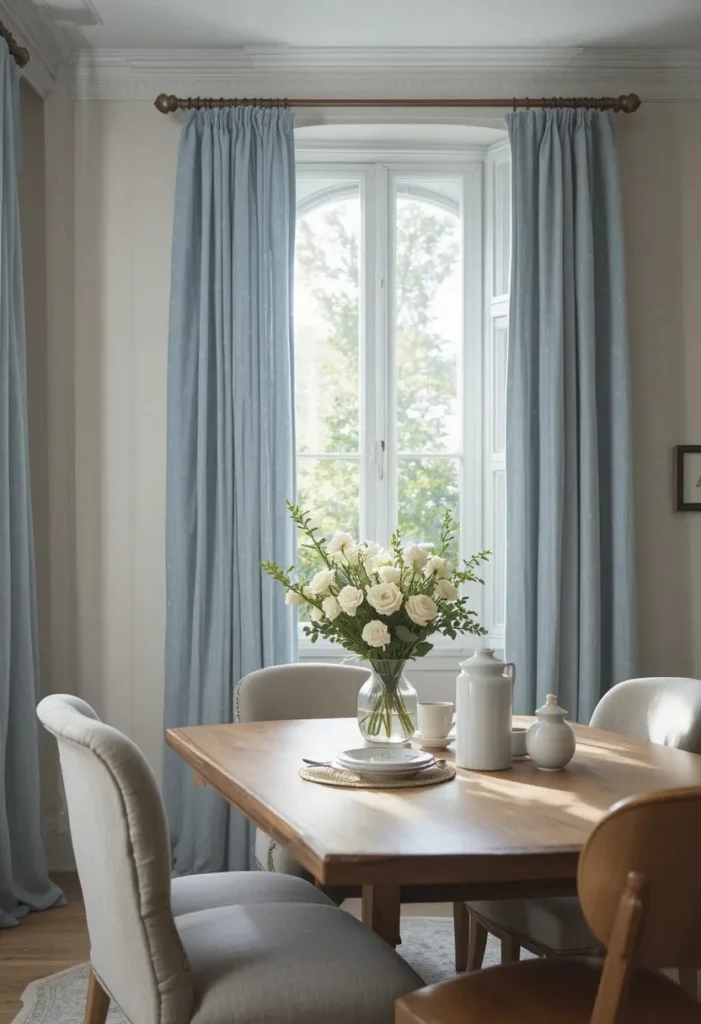 Dining room with blue curtains adding a soft and elegant touch