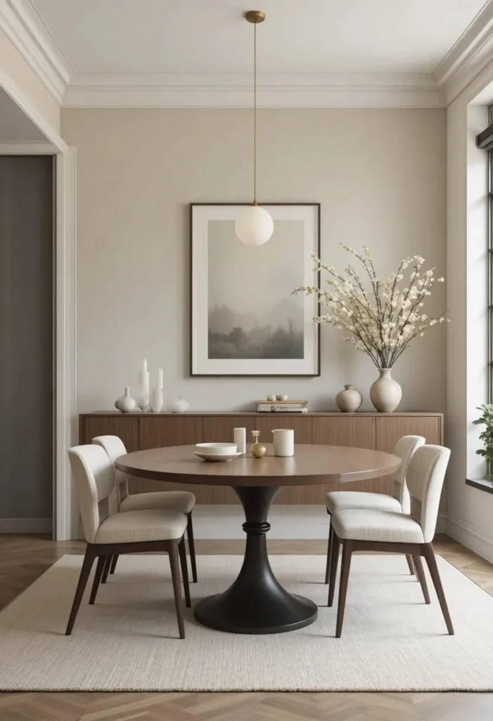 Neutral dining room wall with calm minimalist styling.