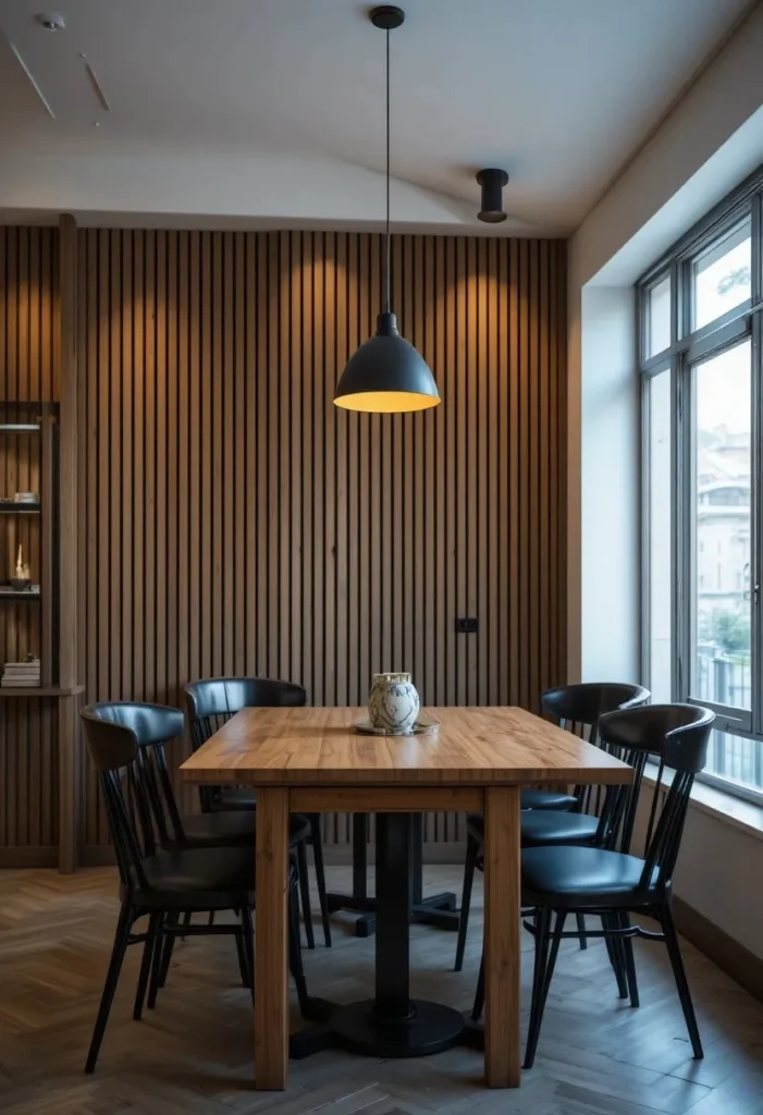 black and wood dining room with bold contrast design