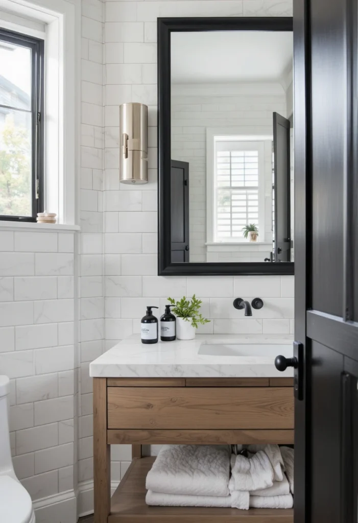 Modern guest bathroom with matte black fixtures and white tile walls.