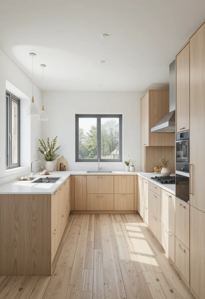 Scandinavian kitchen with clean lines, wood textures, and airy island design.