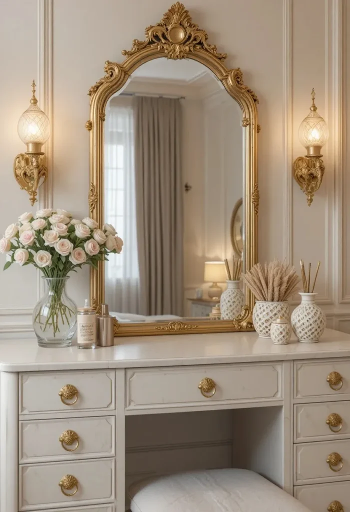 Dressing table with gold accents and warm elegant decor