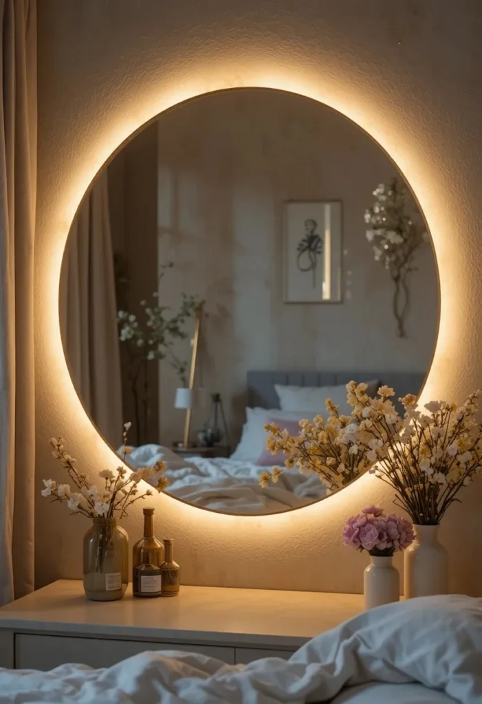 vanity ideas bedroom with round mirror and soft LED glow lighting