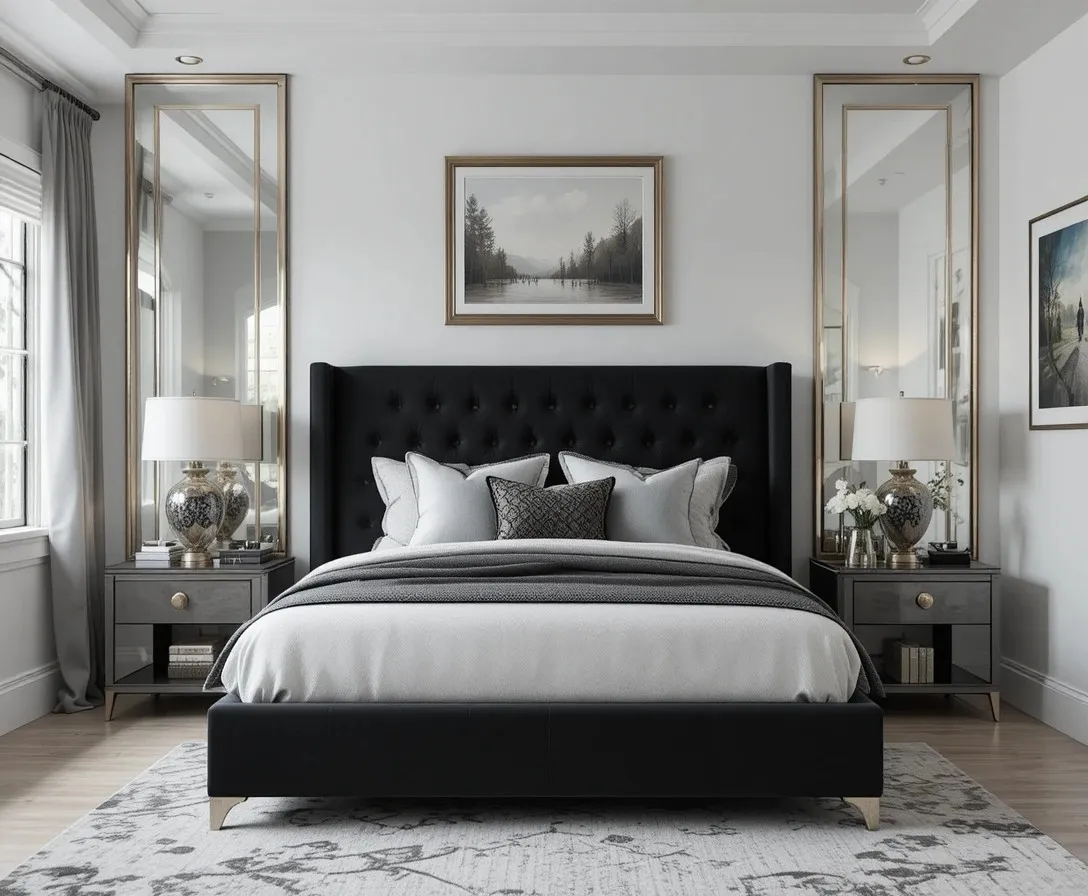 Full view of black and silver bedroom look