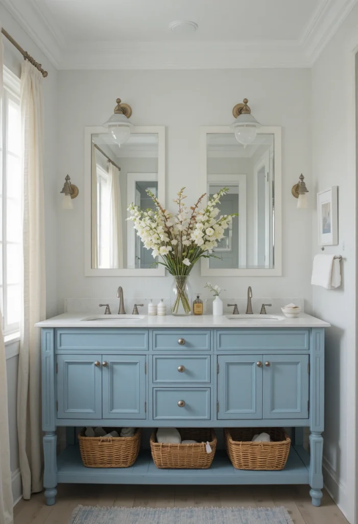 Coastal-inspired double sink bathroom with soft blue tones and beachy decor.