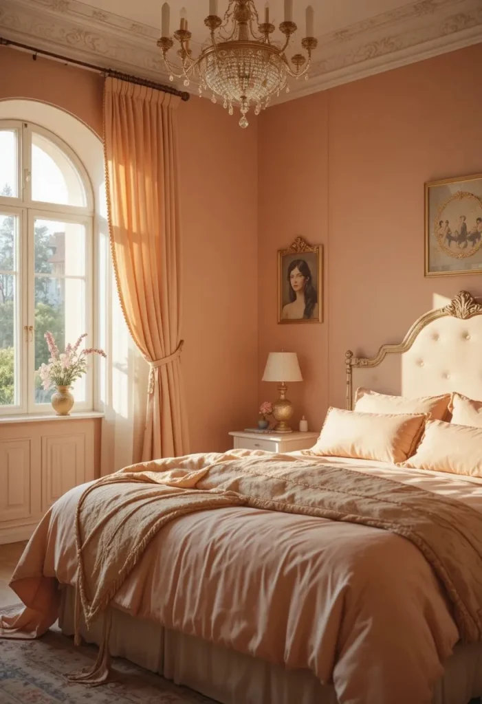 Soft peach-orange bedroom with feminine cozy decor.