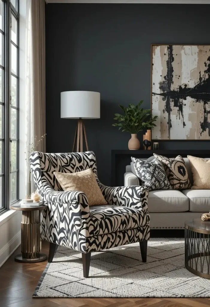 Bold patterned accent chair creating a focal point in the living room.
