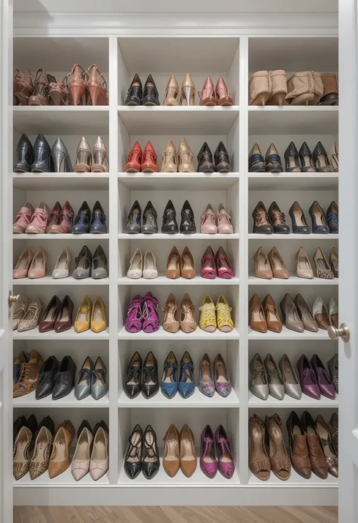 Open shoe shelving in closet with neatly arranged shoes in an organized display