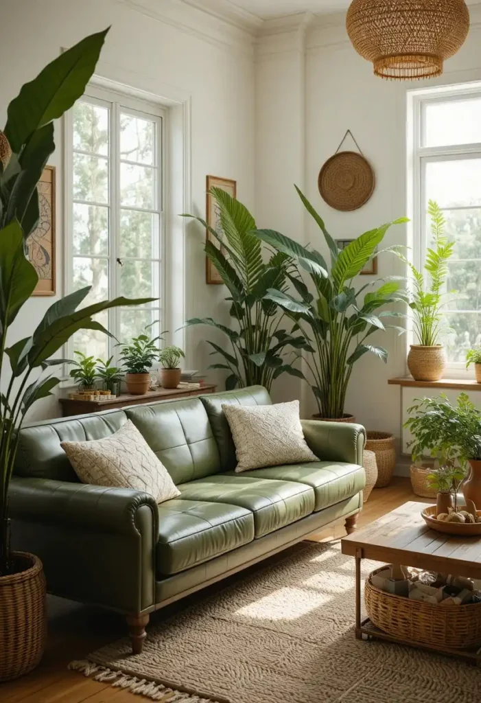 Green leather couch living room with indoor plants
