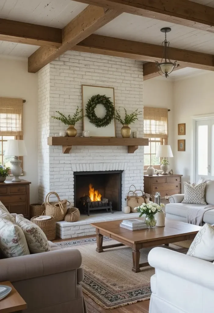 Farmhouse living room with brick fireplace and rustic decor.