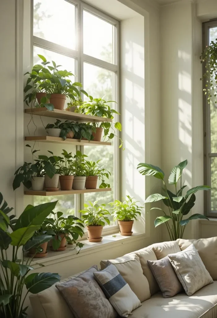 plant shelves around windows with bright natural light