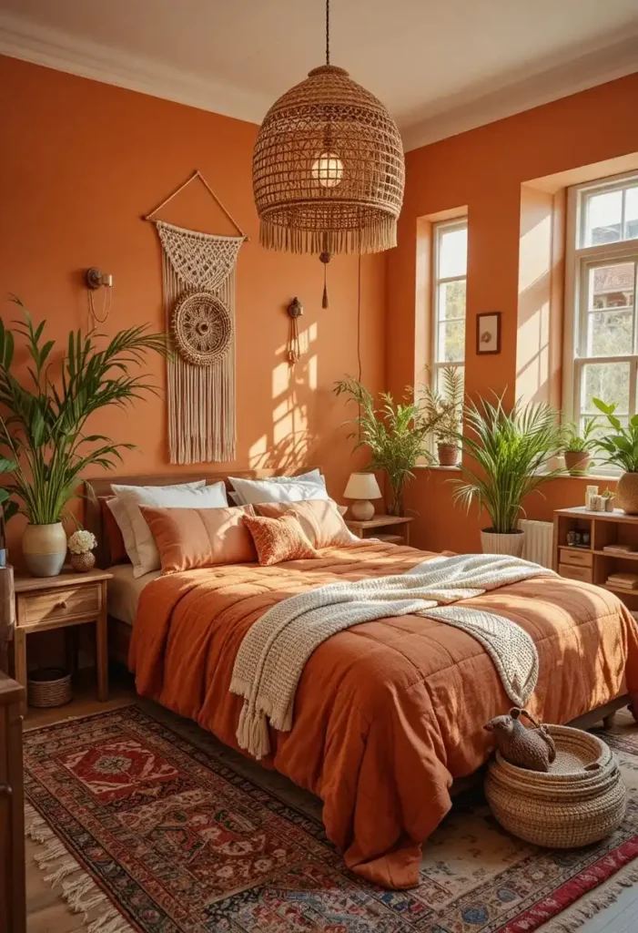 Boho orange bedroom with rattan decor and layered earthy textures.