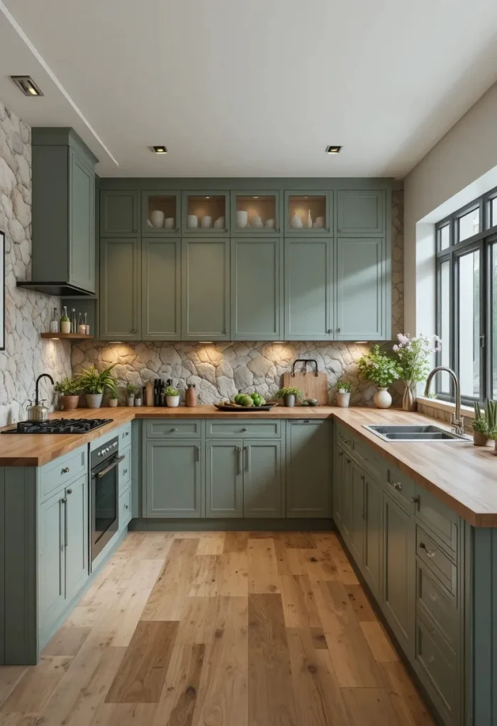 Green U shaped kitchen with natural textures and wooden island.