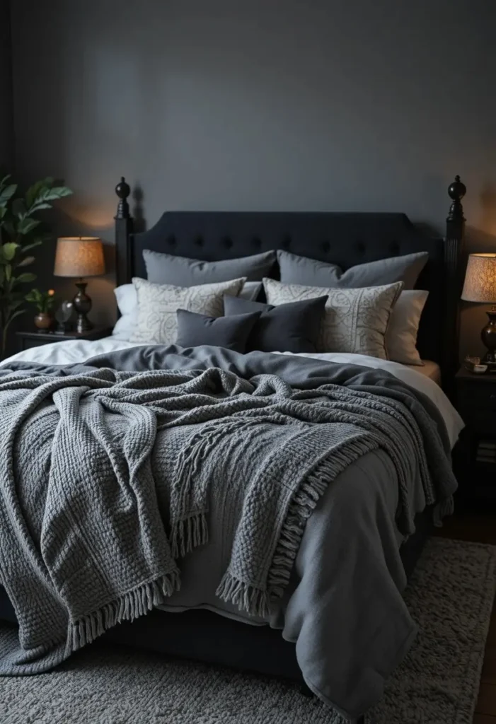 Black bed with layered gray and silver bedding