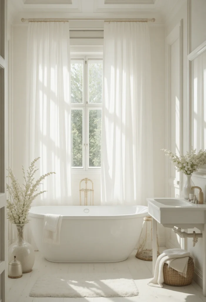 White bathroom with soft linen curtains and natural sunlight.