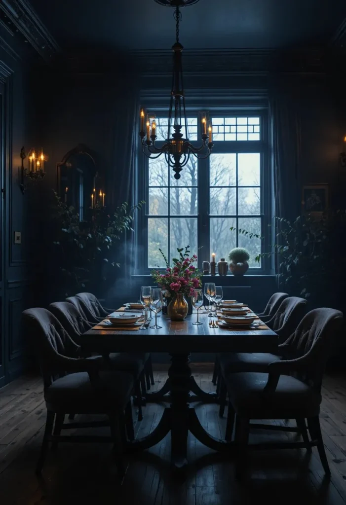Moody dark blue dining room with warm lighting and cozy atmosphere
