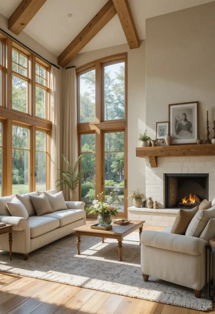 Bright living room with fireplace and large windows.