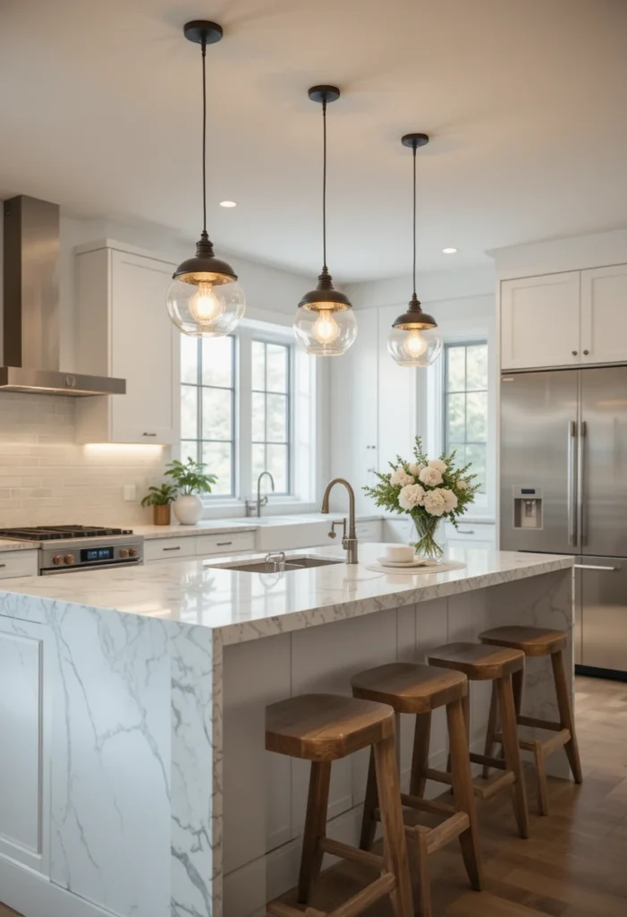 Classic pendant lights over kitchen island creating a timeless and balanced look