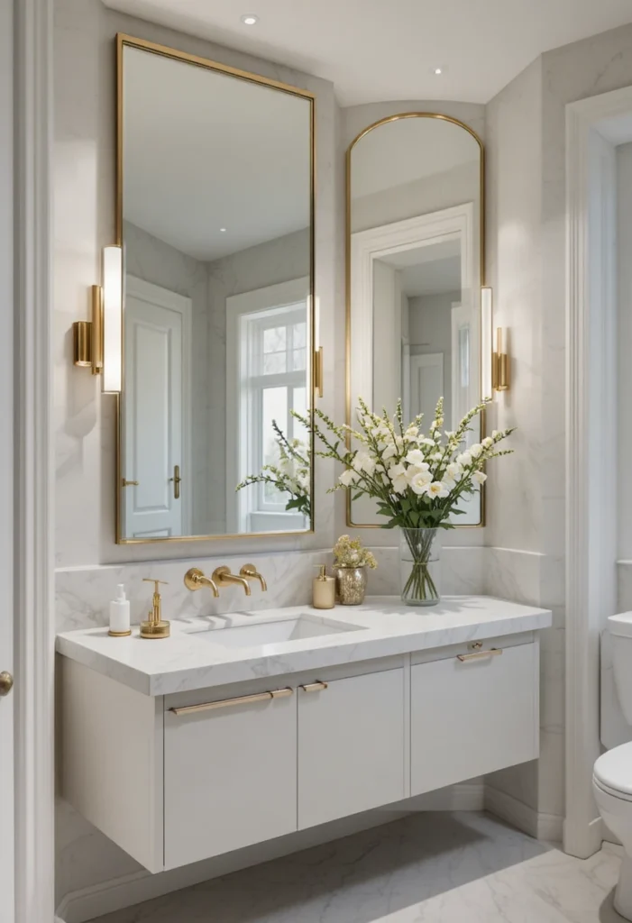 Small guest bathroom with a large mirror to create an open airy feel.