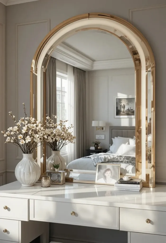Dressing table with large statement mirror in modern bedroom