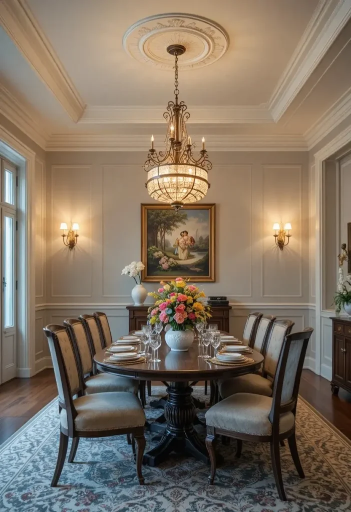 Modern dining room with layered warm lighting atmosphere