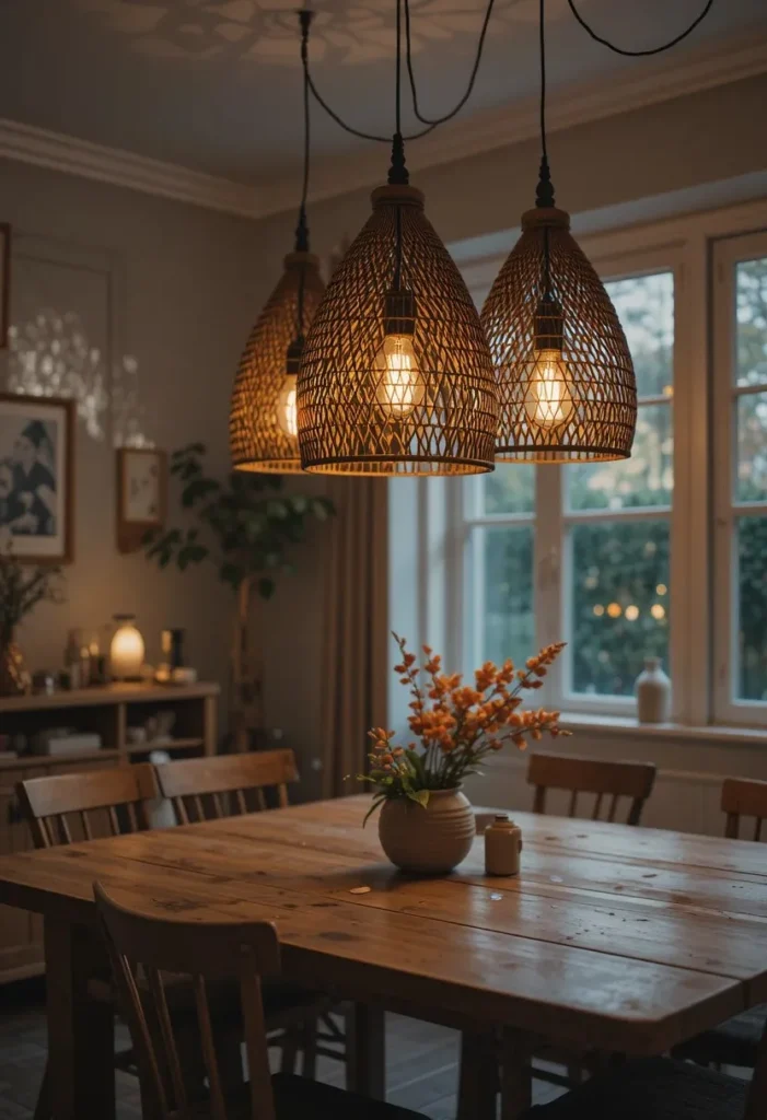 Woven pendant lights creating a warm boho dining glow.