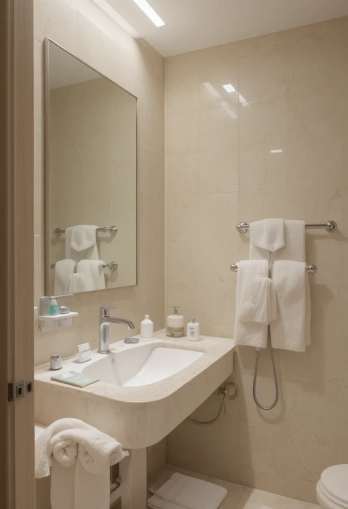 Minimal white bathroom sink with soft neutral decor.