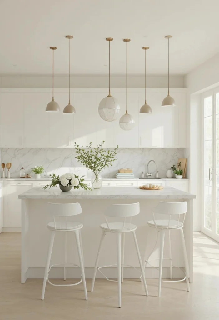 White bar stools kitchen island creating fresh and clean modern kitchen feel