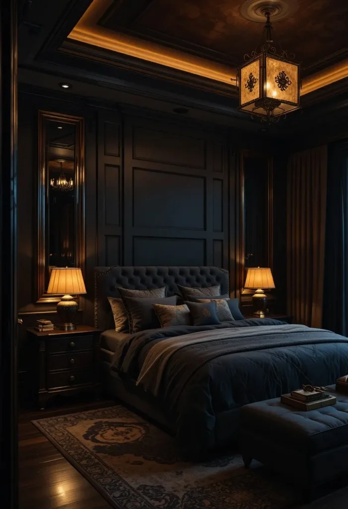 Warm moody lighting inside a black and brown bedroom