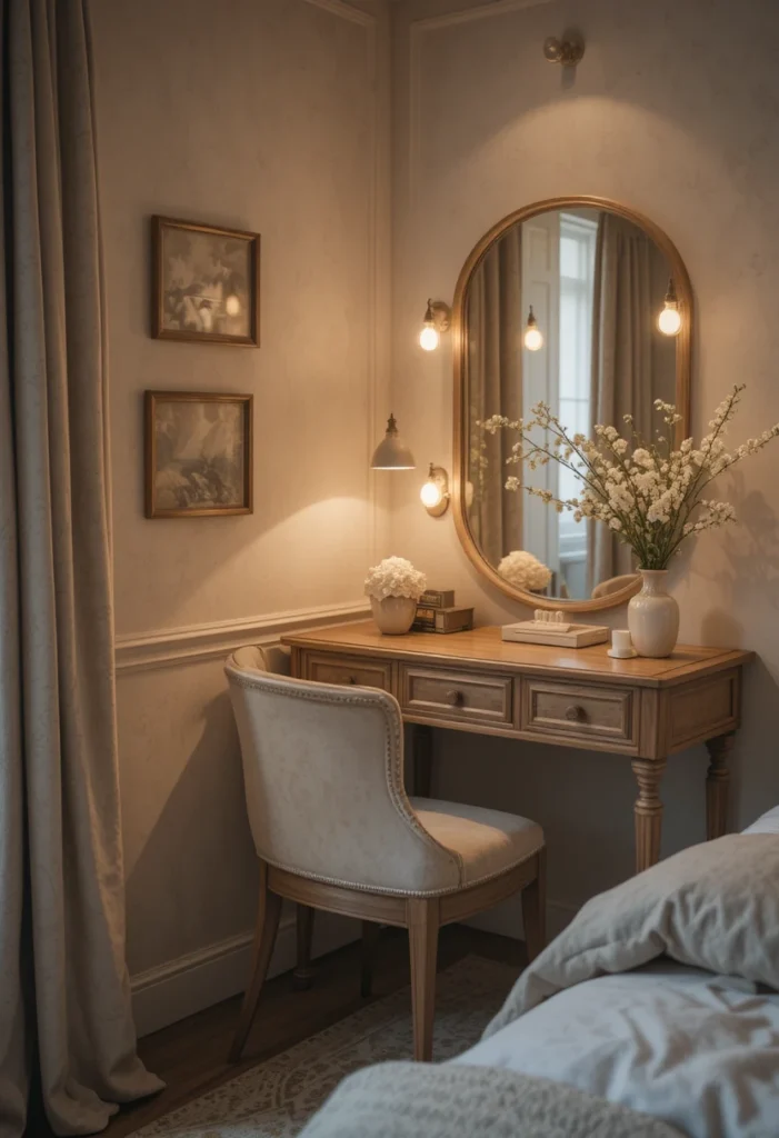 cozy vanity nook ideas bedroom with soft seating warm lighting