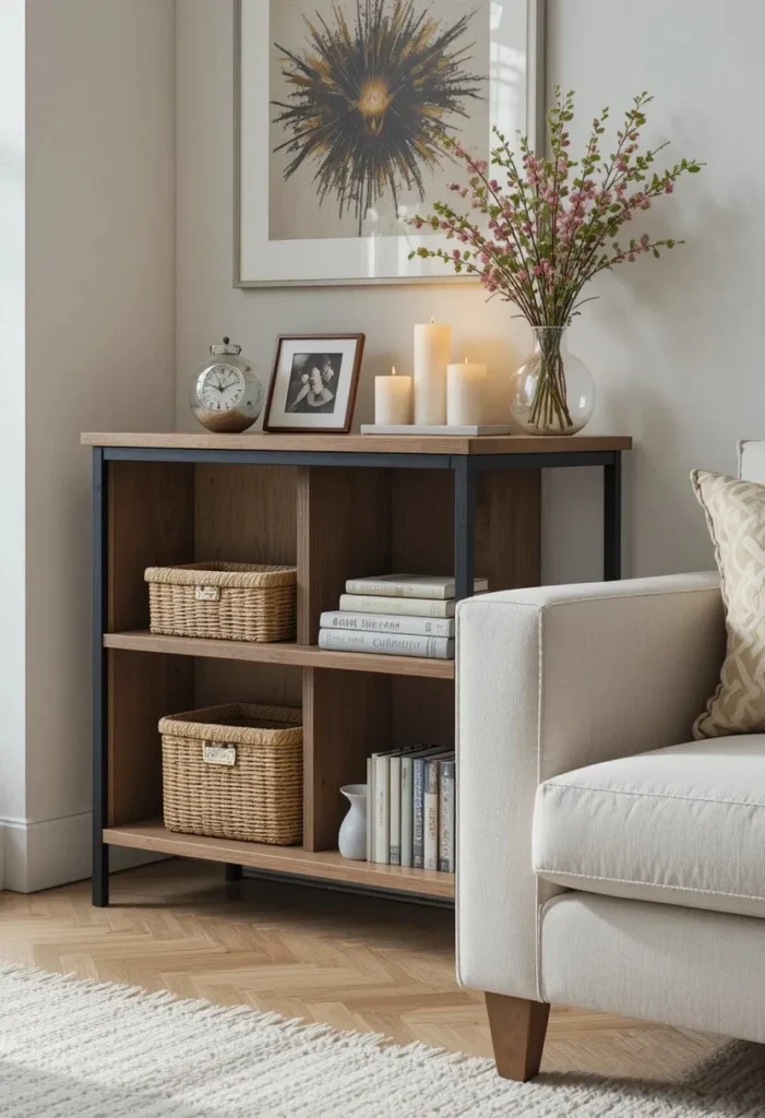 Open shelf side table in a modern living room