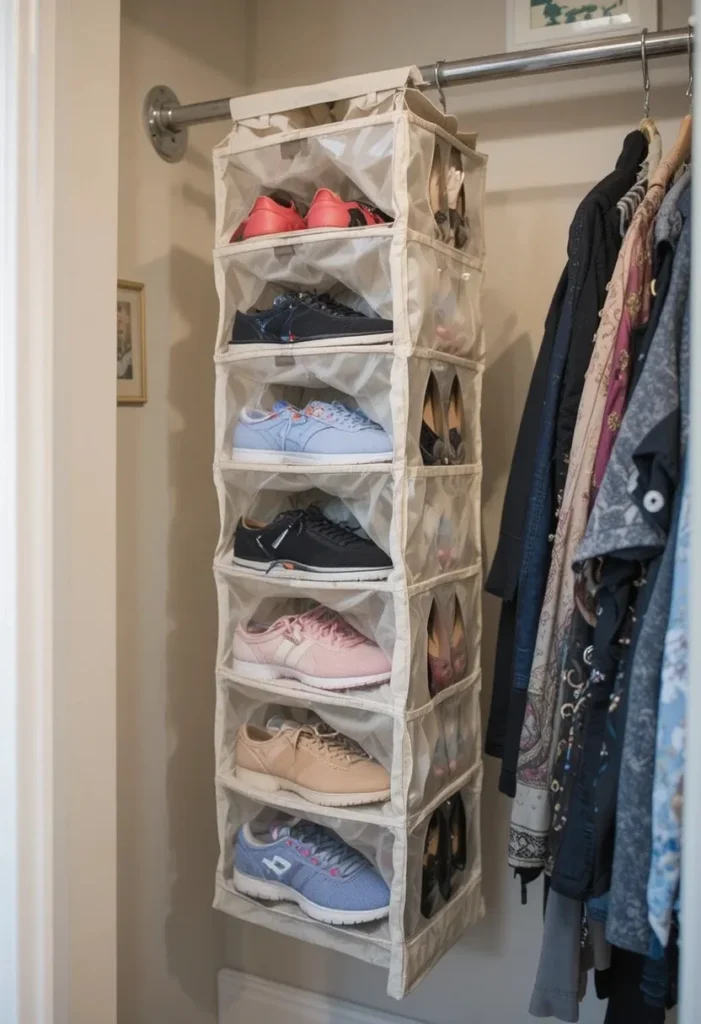 Hanging shoe organizer saving space inside a small closet
